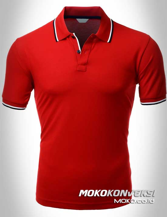 produksi kaos polo shirt double stripes warna merah moko konveksi