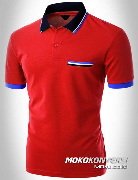kaos polo shirt triple stripes warna merah moko konveksi